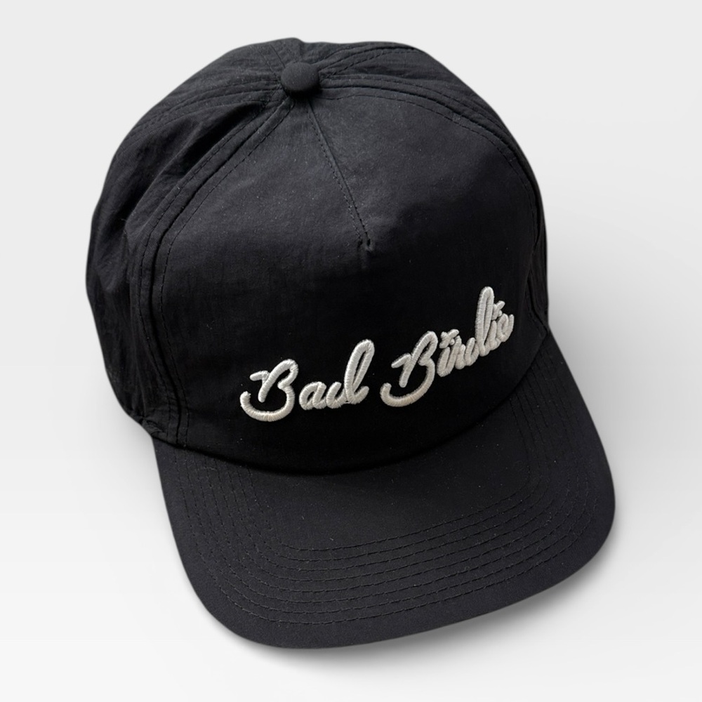 Bad Birdie Script Spellout Snap Back Hat Black with White Embroidery